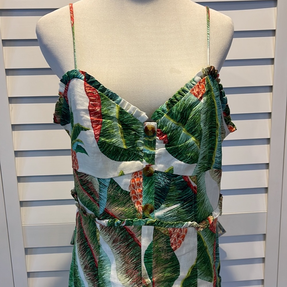 Farm Rio NWOT Forest Palm Linen Dress with adjustable Straps & Rushed back. - Picture 6 of 16